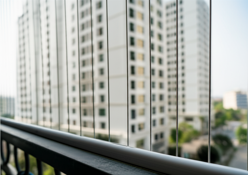 Minimalist circular icon of a balcony with vertical and mesh pattern safety grills, overlooking mountains and a bird, representing open balcony safety grill outdoors.