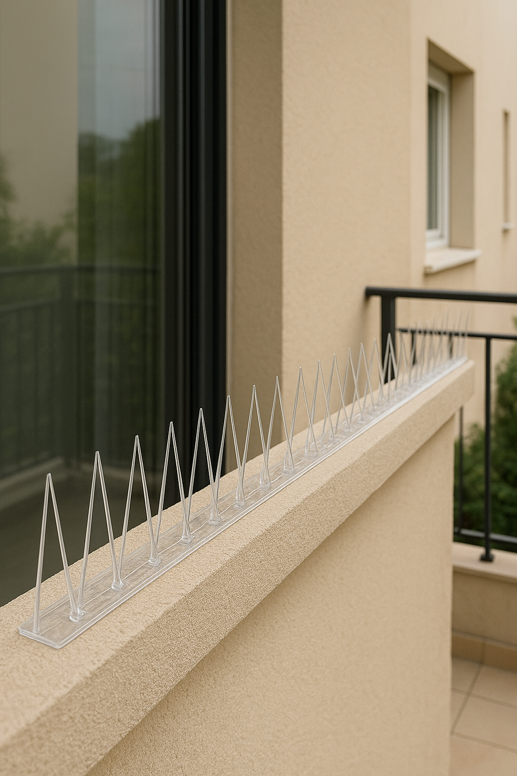 High-rise balcony with glass railing and safety cables, father relaxing on a chair while child plays with colorful blocks, expansive city skyline view on a sunny day.