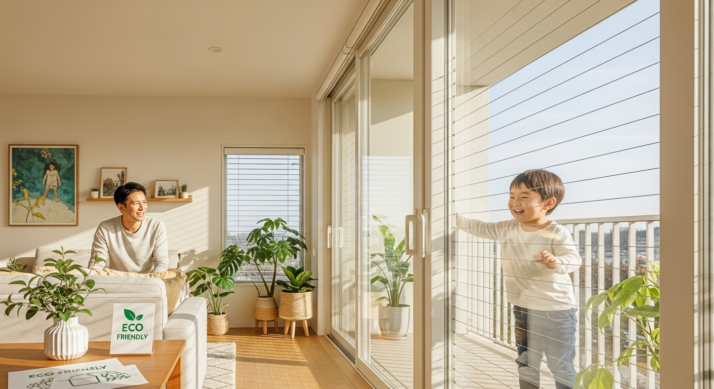 Bright eco friendly living room with sliding glass doors child playing on balcony safety net indoor plants modern home natural light