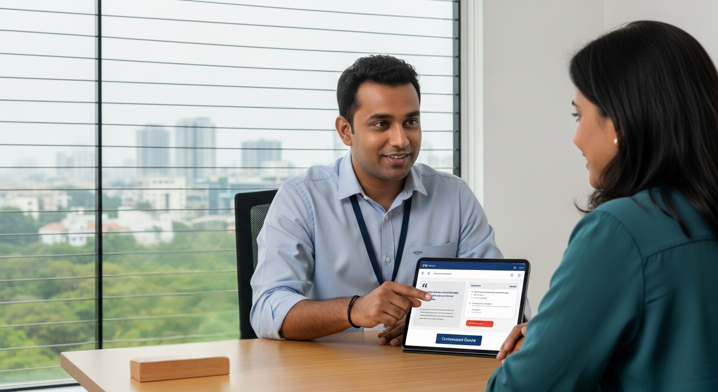 Business consultant presenting tablet to client in modern office, professional meeting, digital onboarding interface, city view background