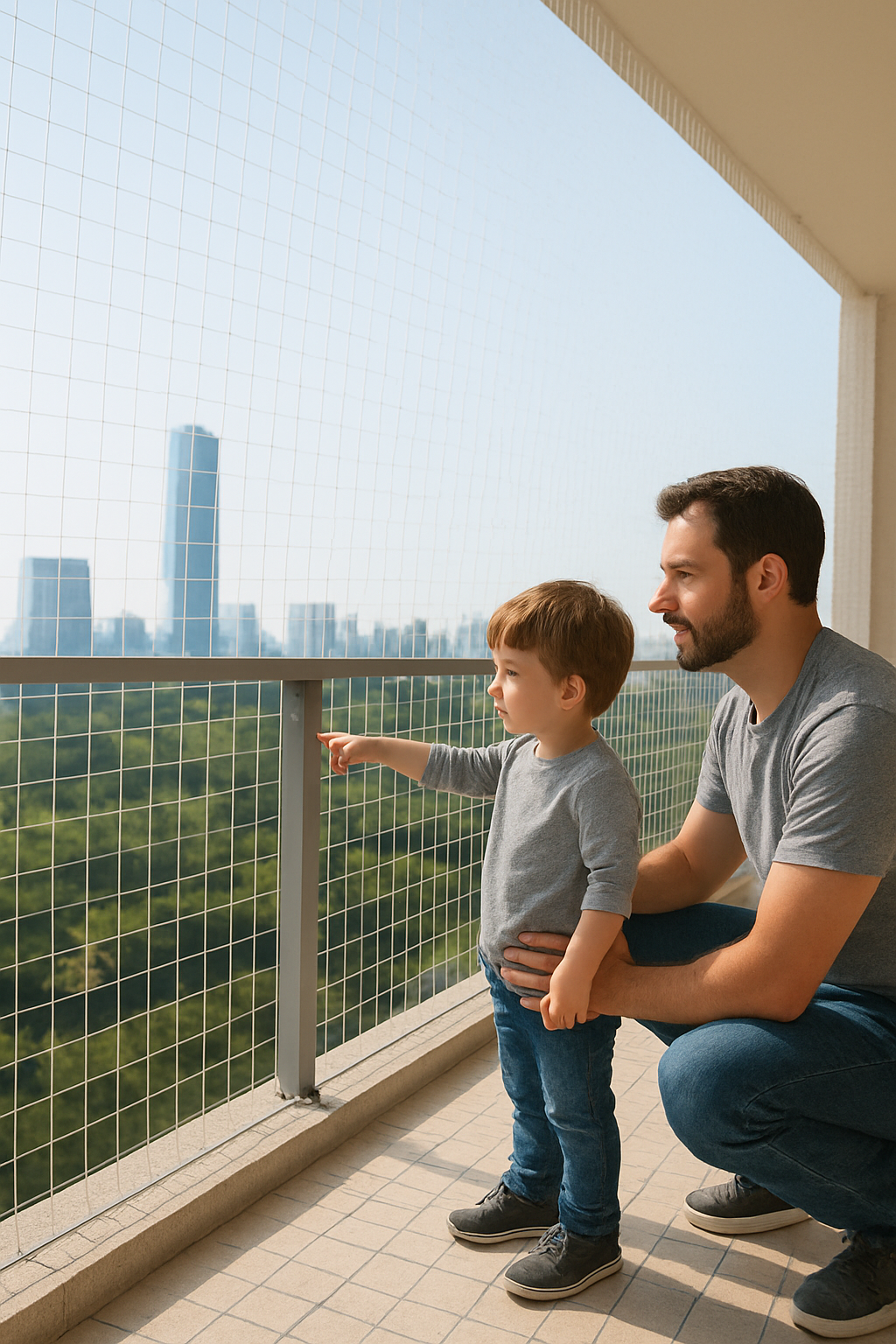 Bright modern room with sheer white curtains blowing in the breeze, open glass doors leading to a balcony overlooking a sunny green landscape with trees and distant hills, potted plant in the corner.