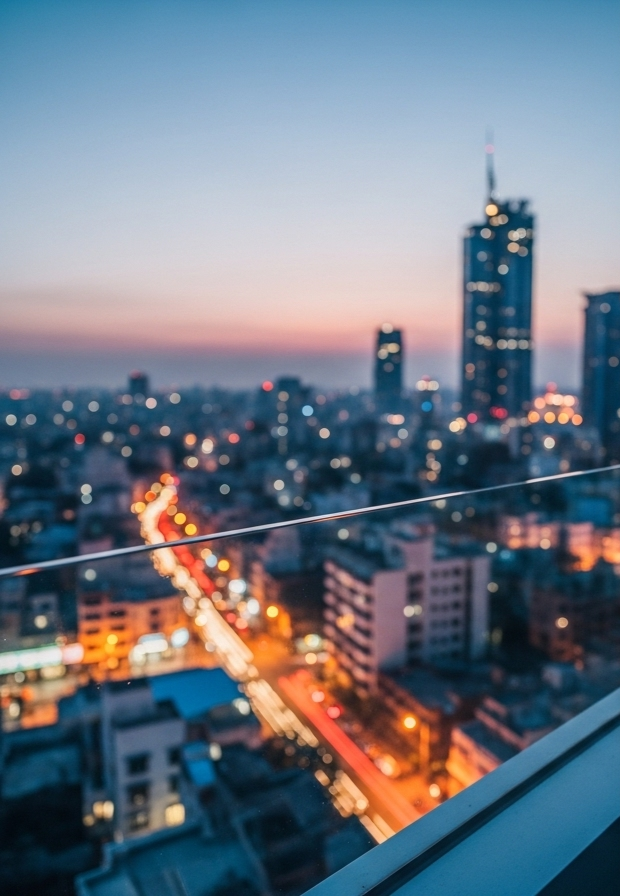 Blurred city skyline at dusk with light trails on a busy street seen from a rooftop glass railing, urban night cityscape bokeh.