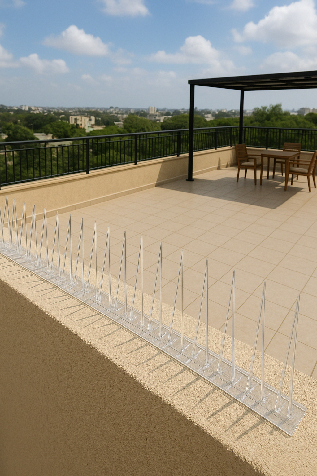 Narrow modern balcony with metal railing and grid shadows, lined with lush green plants in planters and a privacy screen, sunny day.