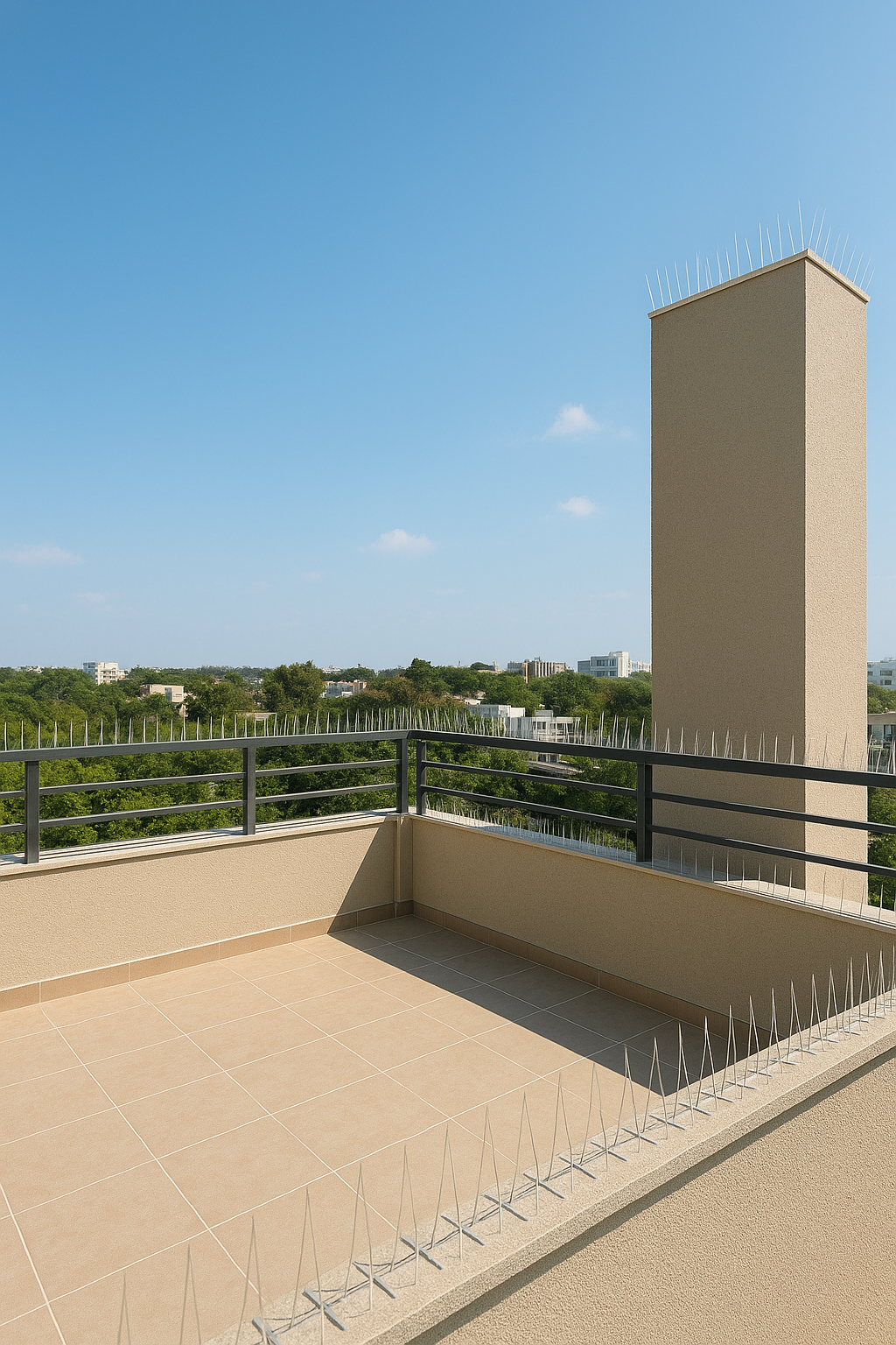 Rooftop terrace lunch with friends at a modern table, panoramic city skyline view, child riding a toy car, and a small dog resting on a rug under a blue sky.