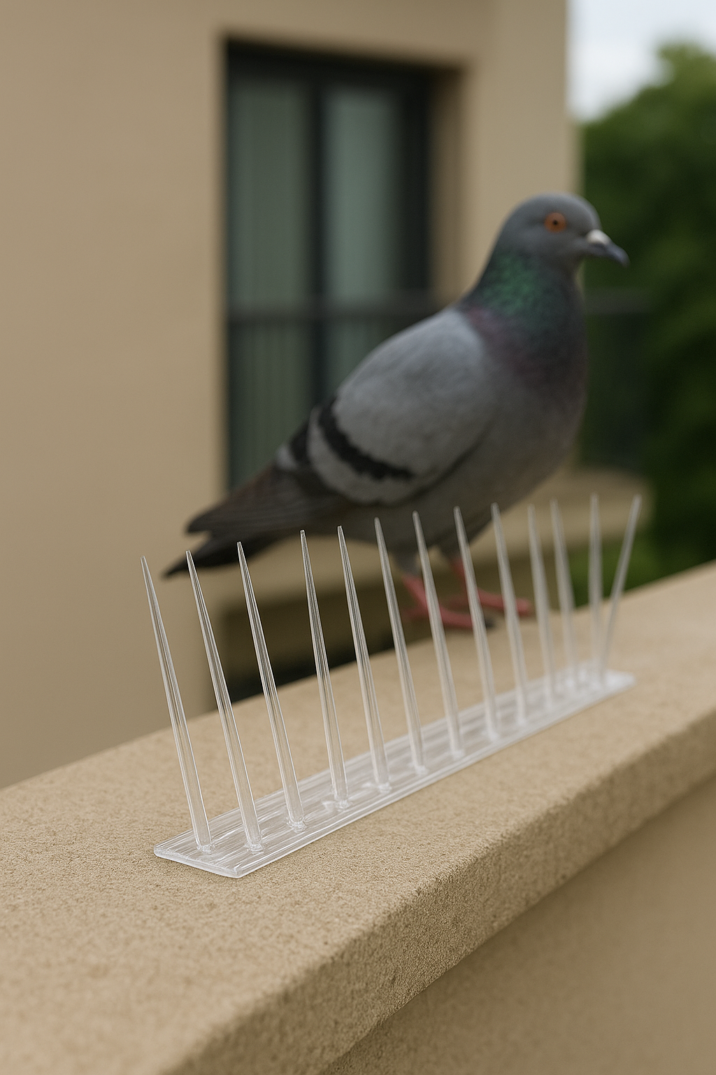 Bright modern room with sheer white curtains blowing in the breeze, open glass doors leading to a balcony overlooking a sunny green landscape with trees and distant hills, potted plant in the corner.