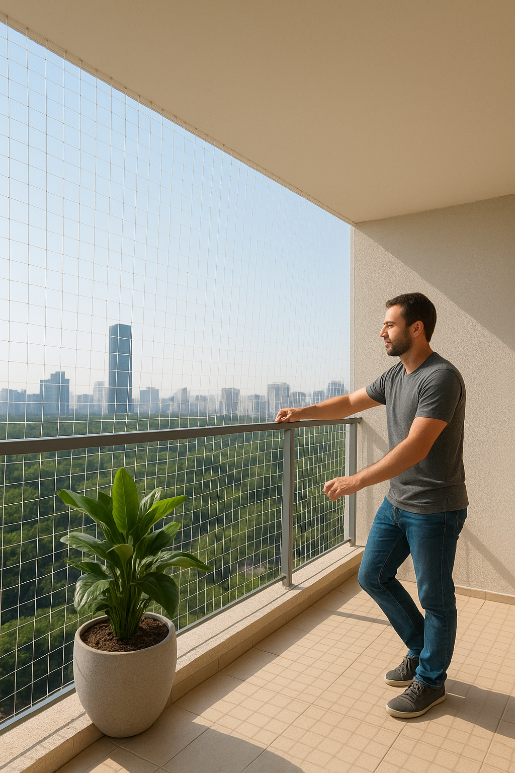 Narrow modern balcony with metal railing and grid shadows, lined with lush green plants in planters and a privacy screen, sunny day.
