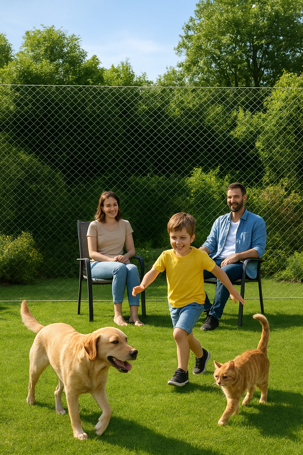 Sunny modern backyard garden with blooming flowers and hedges, a golden retriever running inside a low wire fence, and a family relaxing while children play on the lawn.