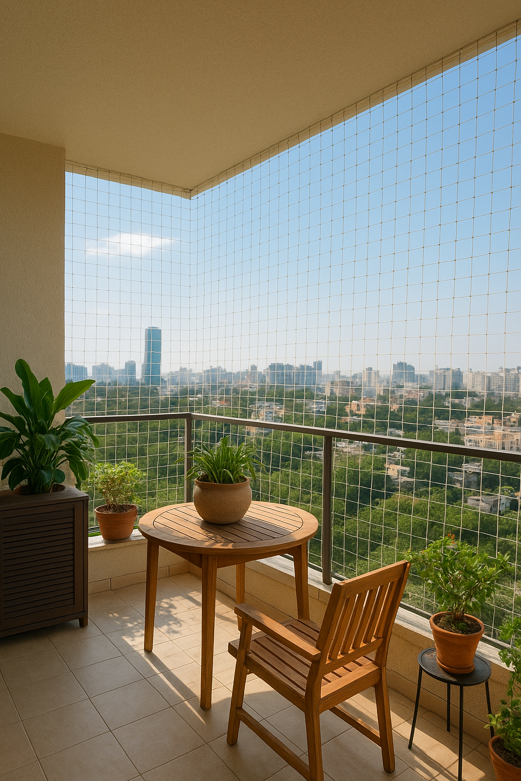 High-rise balcony with glass railing and safety cables, father relaxing on a chair while child plays with colorful blocks, expansive city skyline view on a sunny day.