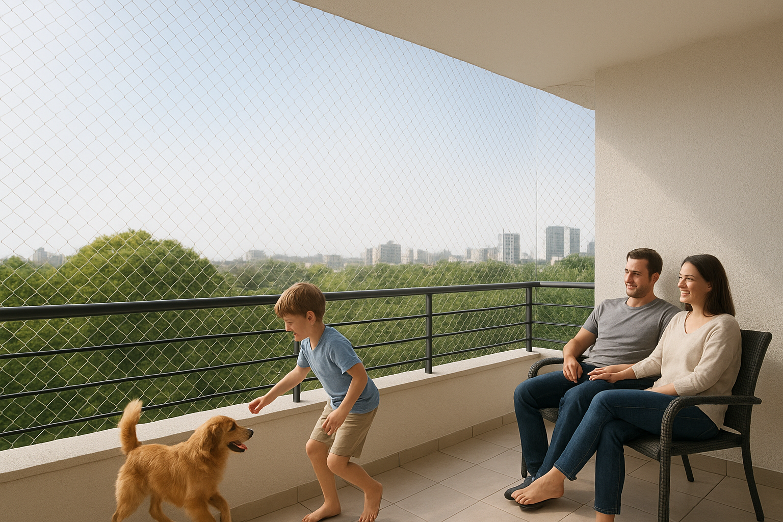 Bright eco friendly living room with sliding glass doors child playing on balcony safety net indoor plants modern home natural light