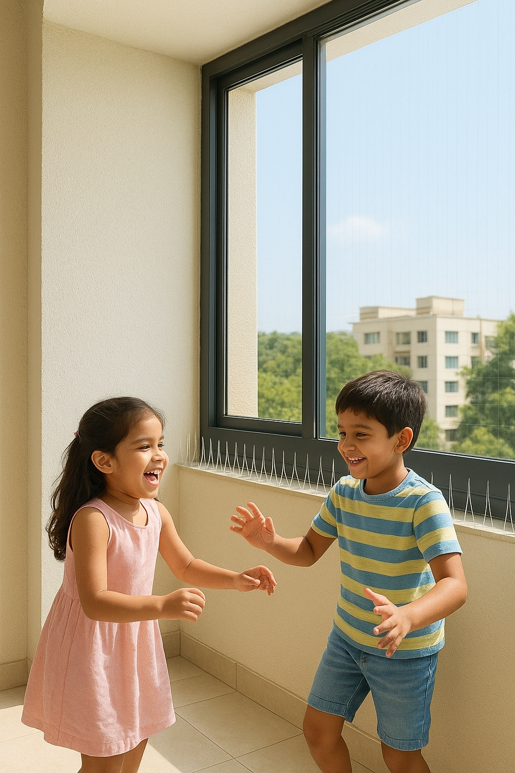 Minimalist two-story modern house facade with large floor‑to‑ceiling windows and vertical blinds, reflecting a green lawn and trees.