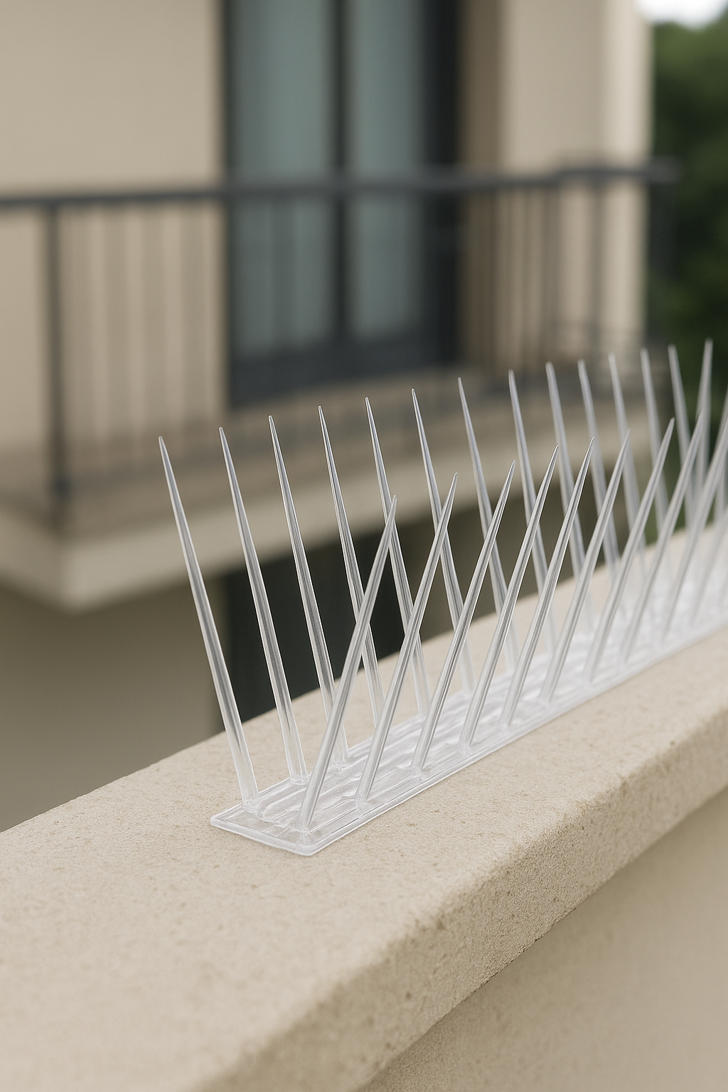 Close-up of stainless steel balcony barrier cables against a darkened cityscape at night, with distant lights softly glowing through the horizontal wires.