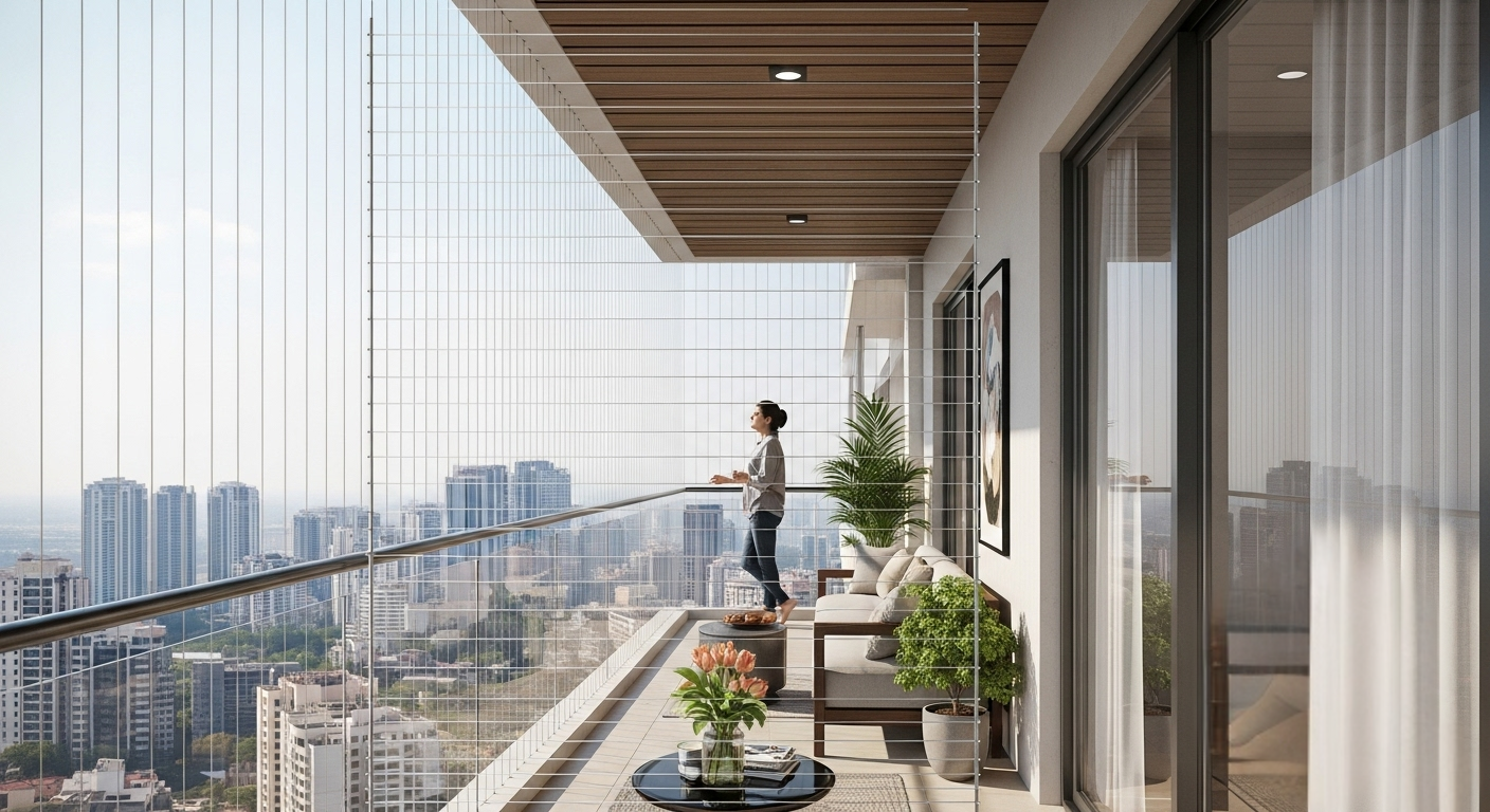 Modern high rise apartment balcony with safety netting, city skyline view, woman relaxing by glass railing, outdoor sofa, plants, natural light