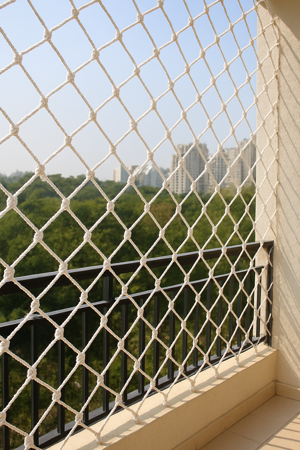 Close-up of stainless steel balcony barrier cables against a darkened cityscape at night, with distant lights softly glowing through the horizontal wires.