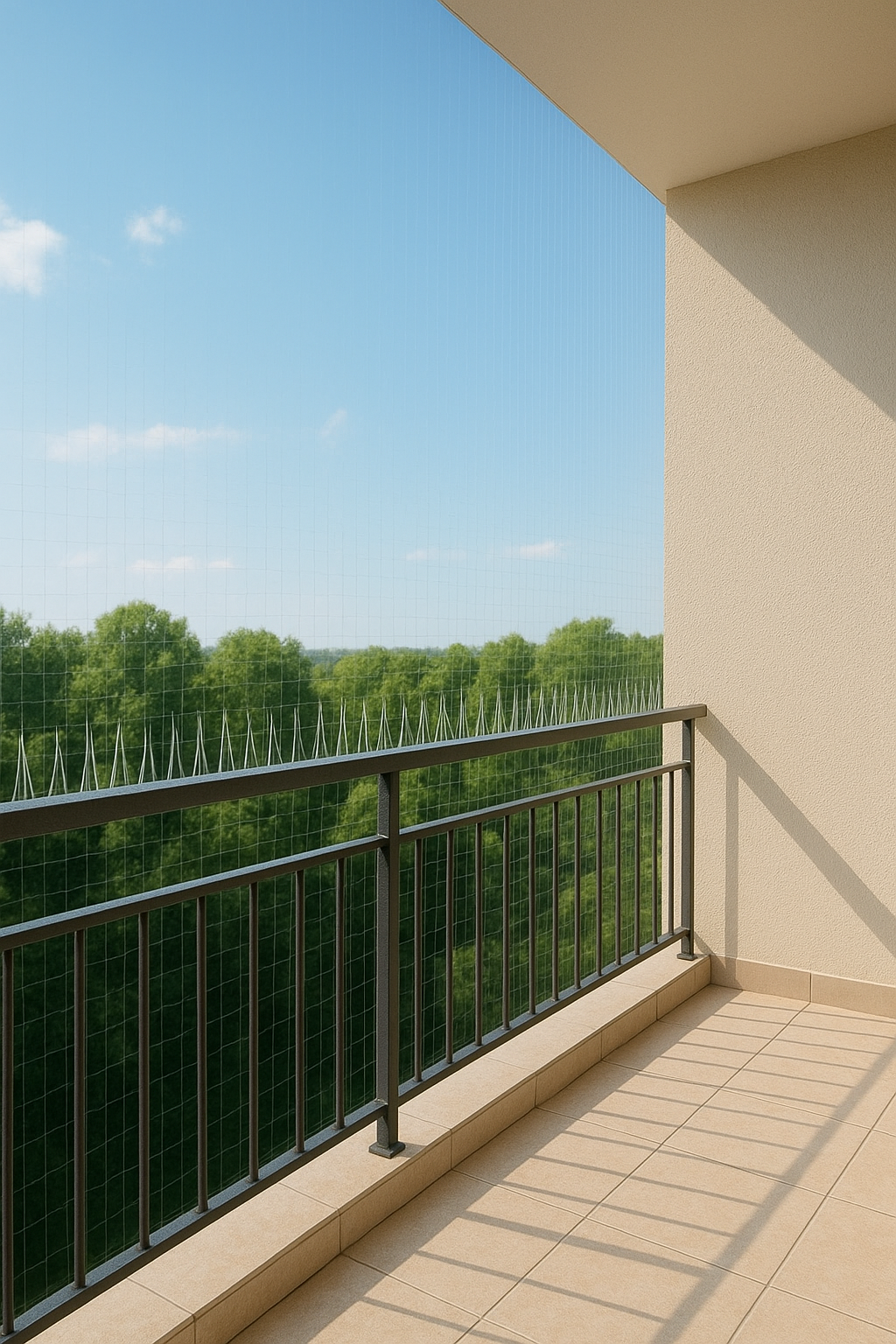 Warm family moment on a covered balcony with wooden doors, two adults and two children playing among scattered sandals, surrounded by lush greenery and neighboring tiled-roof homes.