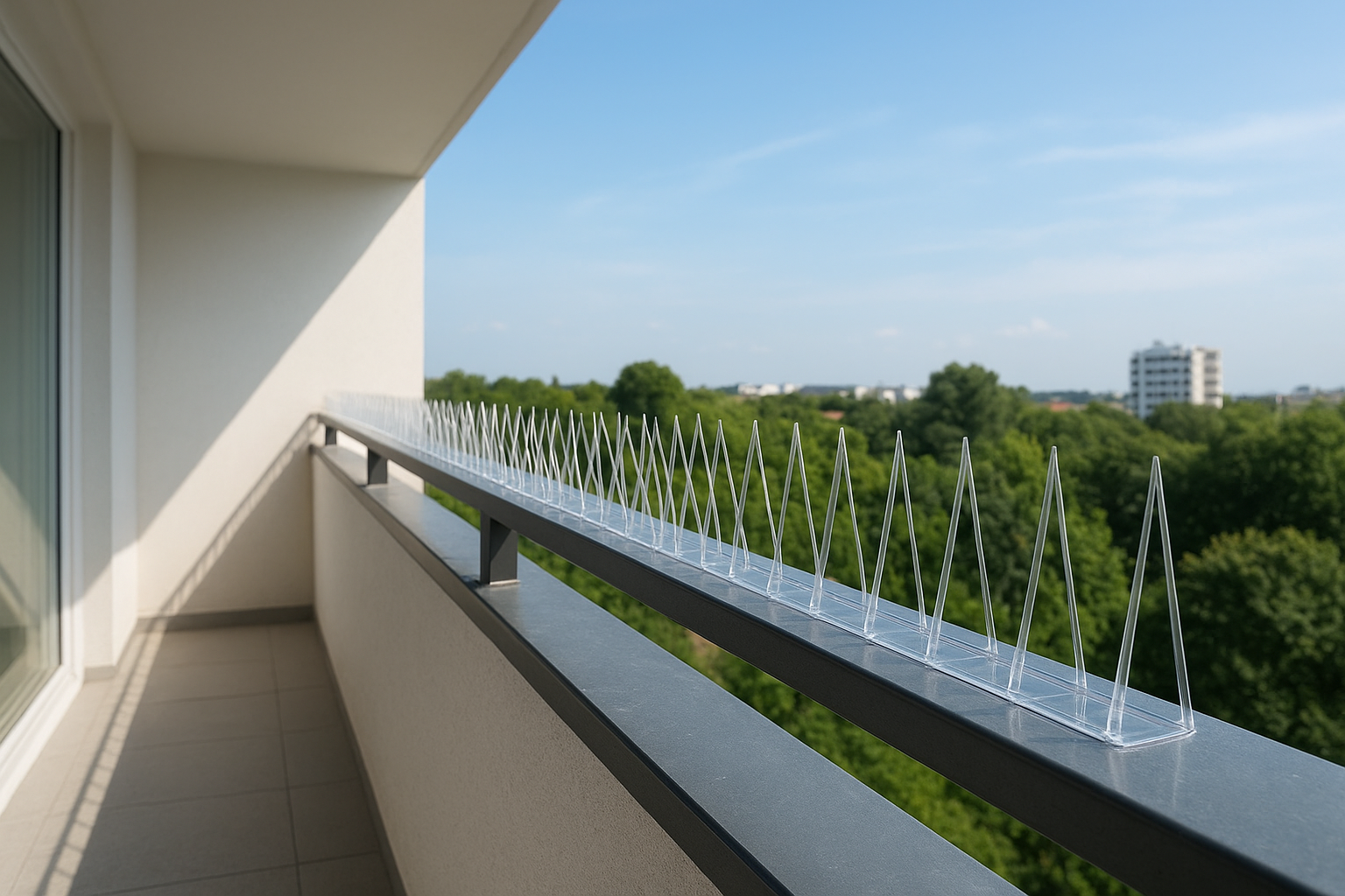Modern high rise apartment balcony with safety netting, city skyline view, woman relaxing by glass railing, outdoor sofa, plants, natural light