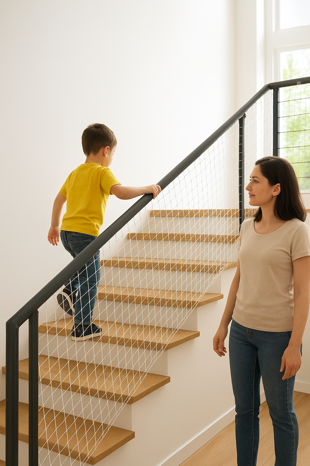 High-rise balcony with glass railing and vertical safety cables, person enjoying panoramic city skyline under a bright blue sky, potted plant and coffee on side table.