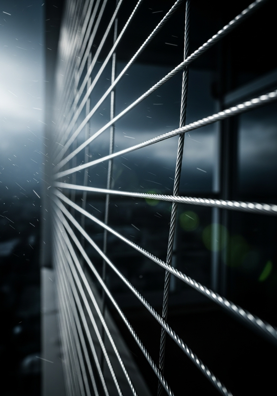 Close-up of stainless steel balcony barrier cables against a darkened cityscape at night, with distant lights softly glowing through the horizontal wires.