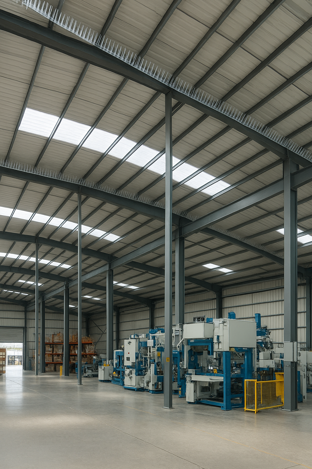High-rise balcony with glass railing and vertical safety cables, person enjoying panoramic city skyline under a bright blue sky, potted plant and coffee on side table.