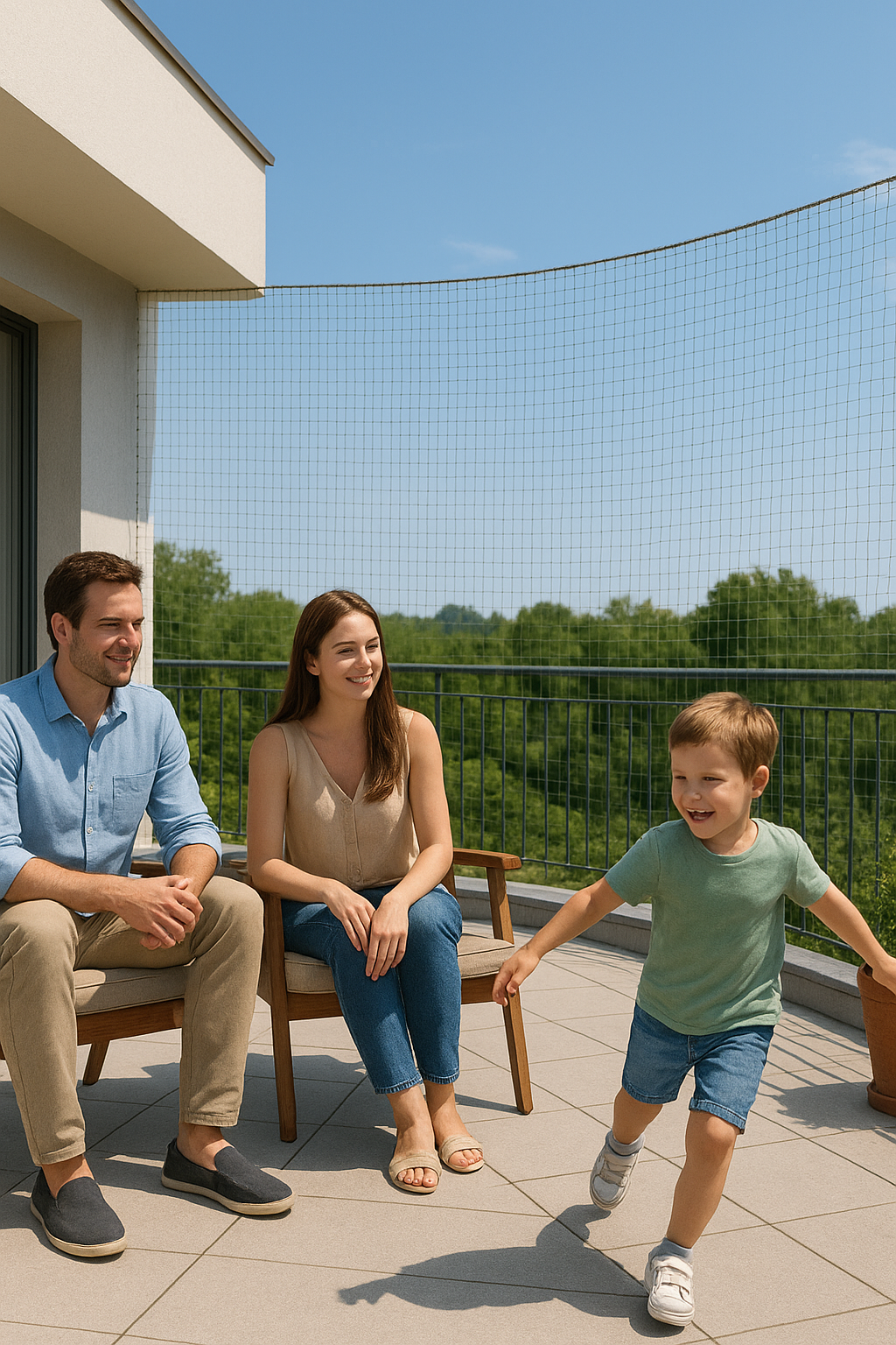 Rooftop terrace lunch with friends at a modern table, panoramic city skyline view, child riding a toy car, and a small dog resting on a rug under a blue sky.