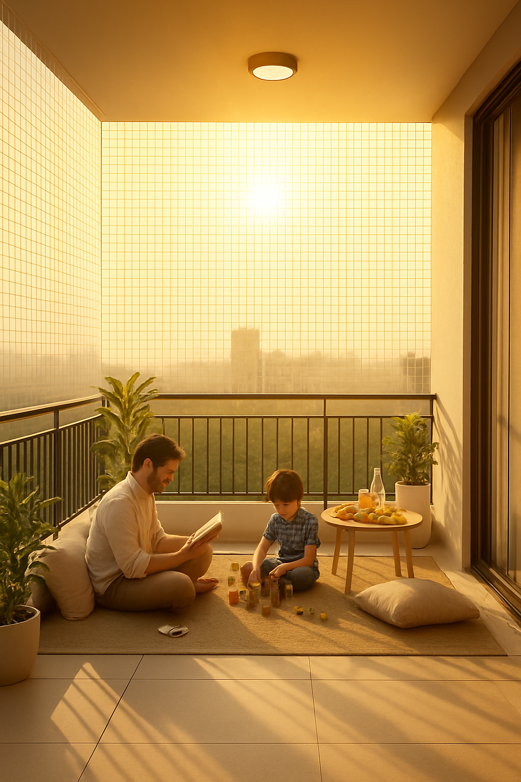  A child’s hand reaching through thin vertical balcony safety wires toward a distant urban skyline with high-rise buildings.