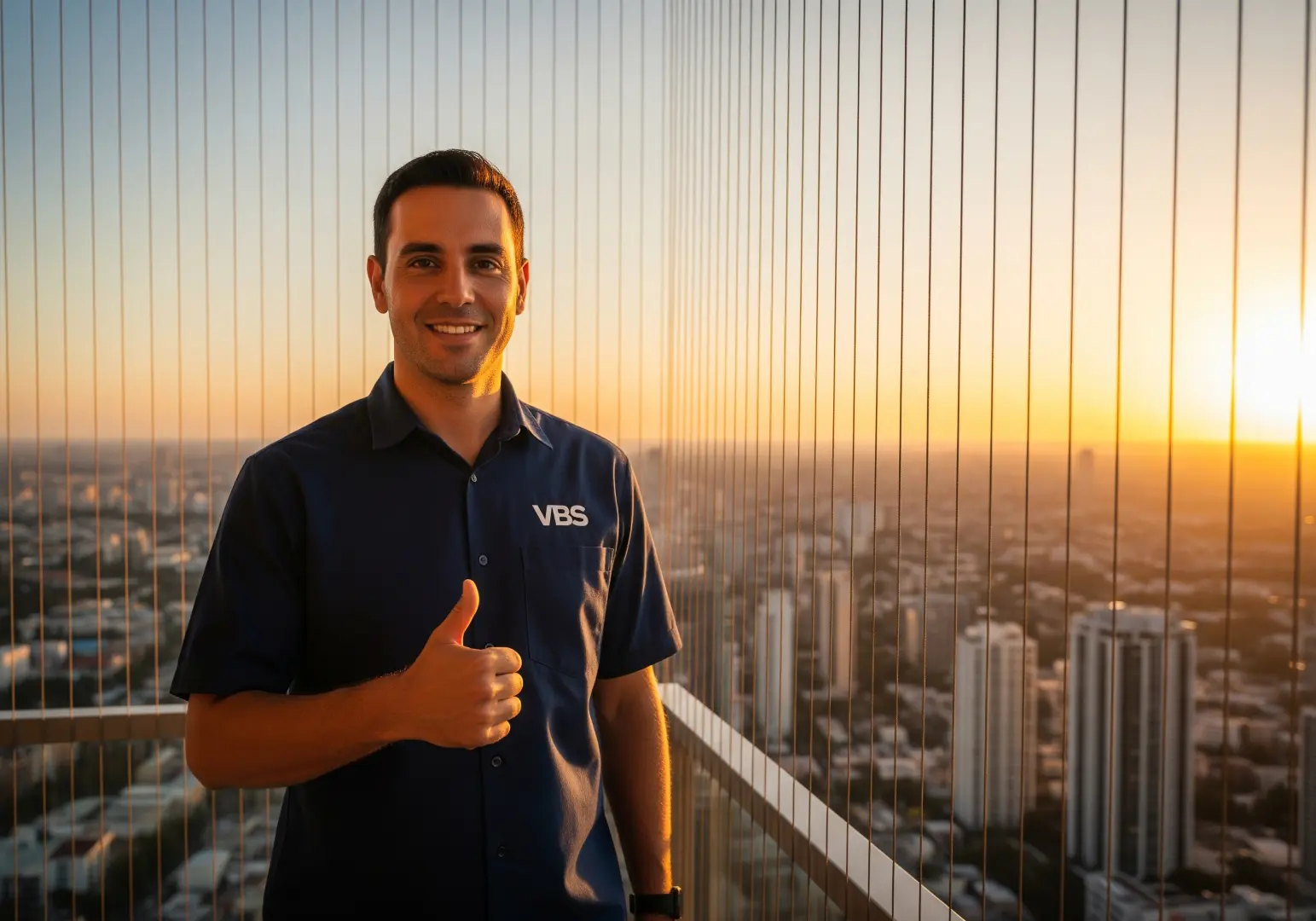 Smiling man in a VBS shirt giving thumbs up on a rooftop with city skyline at sunset through glass railing.