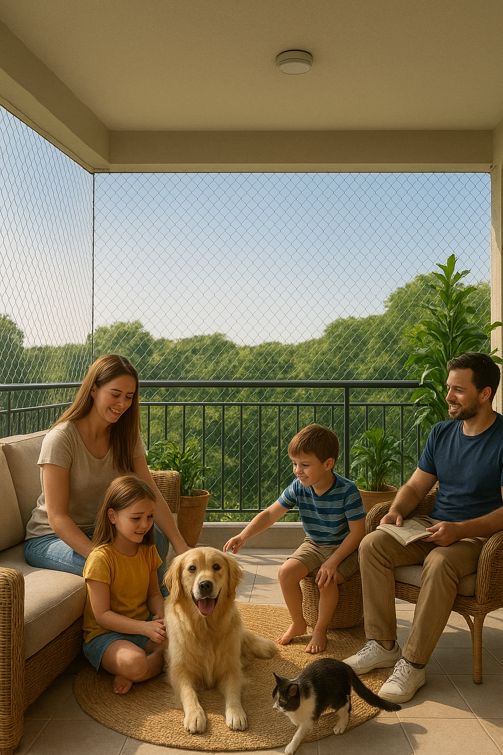 Covered porch with white columns overlooking a blooming garden, people relaxing on wicker patio furniture, sunny afternoon.