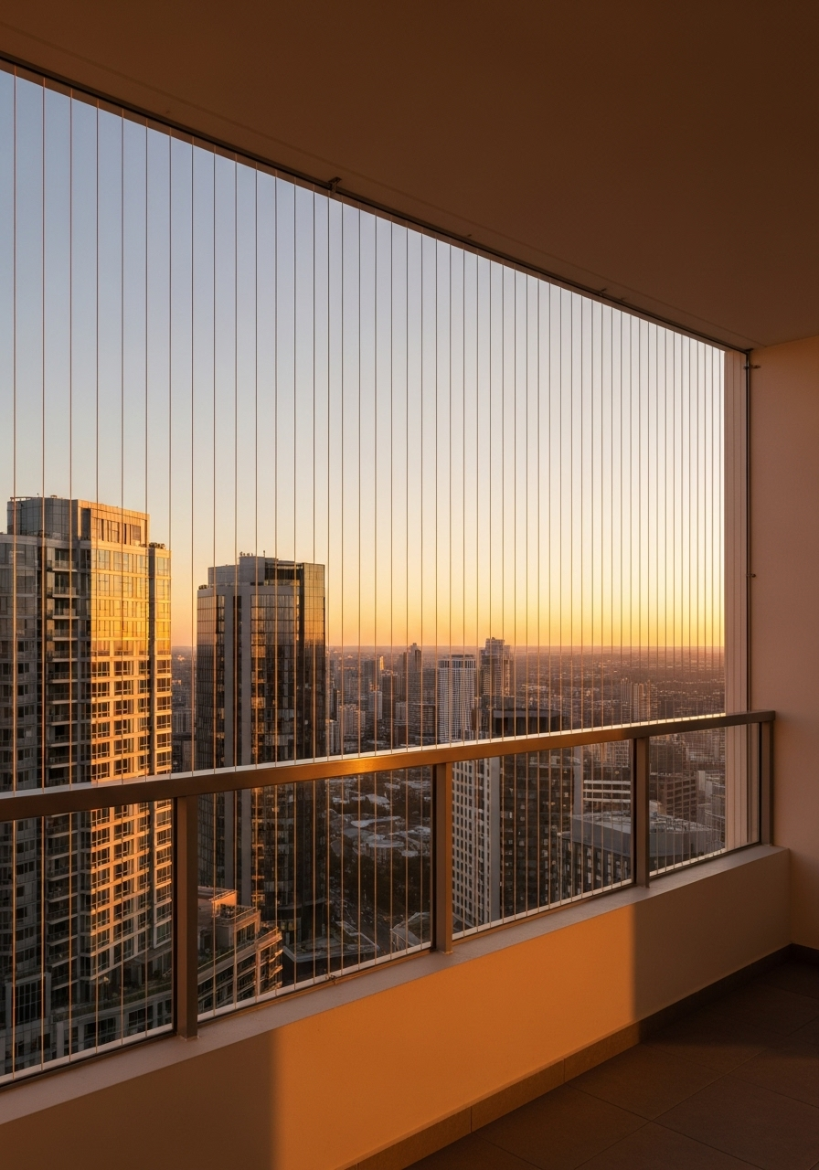 A high-rise apartment balcony enclosed by thin vertical safety wires overlooking a downtown city skyline at sunset, with golden light reflecting off glass-clad skyscrapers.