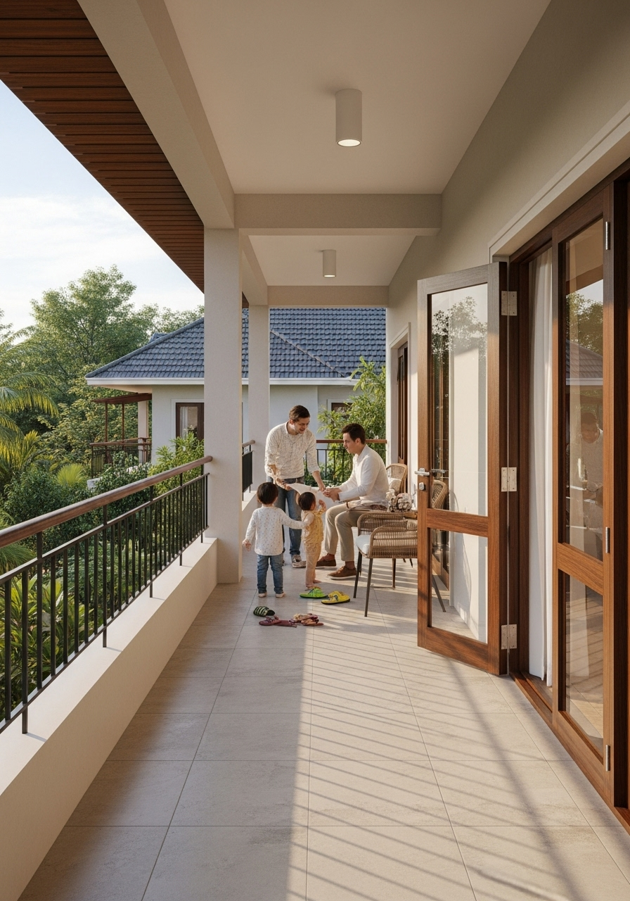 Warm family moment on a covered balcony with wooden doors, two adults and two children playing among scattered sandals, surrounded by lush greenery and neighboring tiled-roof homes.