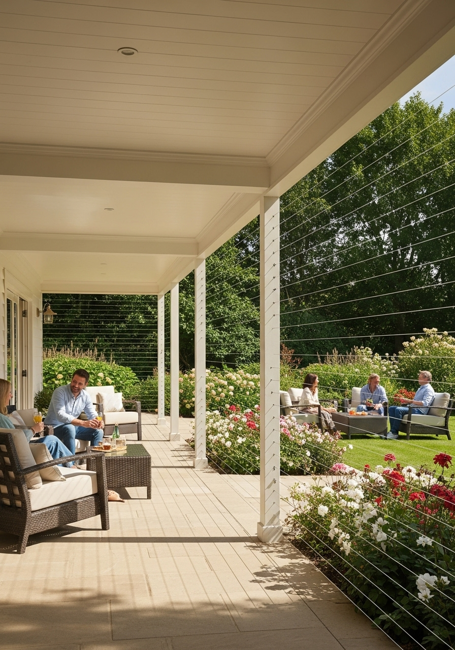 Covered porch with white columns overlooking a blooming garden, people relaxing on wicker patio furniture, sunny afternoon.