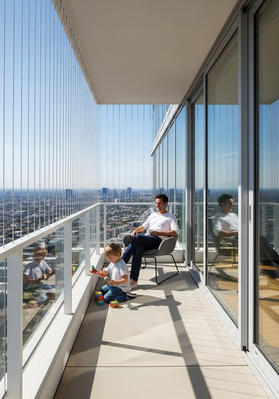 High-rise balcony with glass railing and safety cables, father relaxing on a chair while child plays with colorful blocks, expansive city skyline view on a sunny day.
