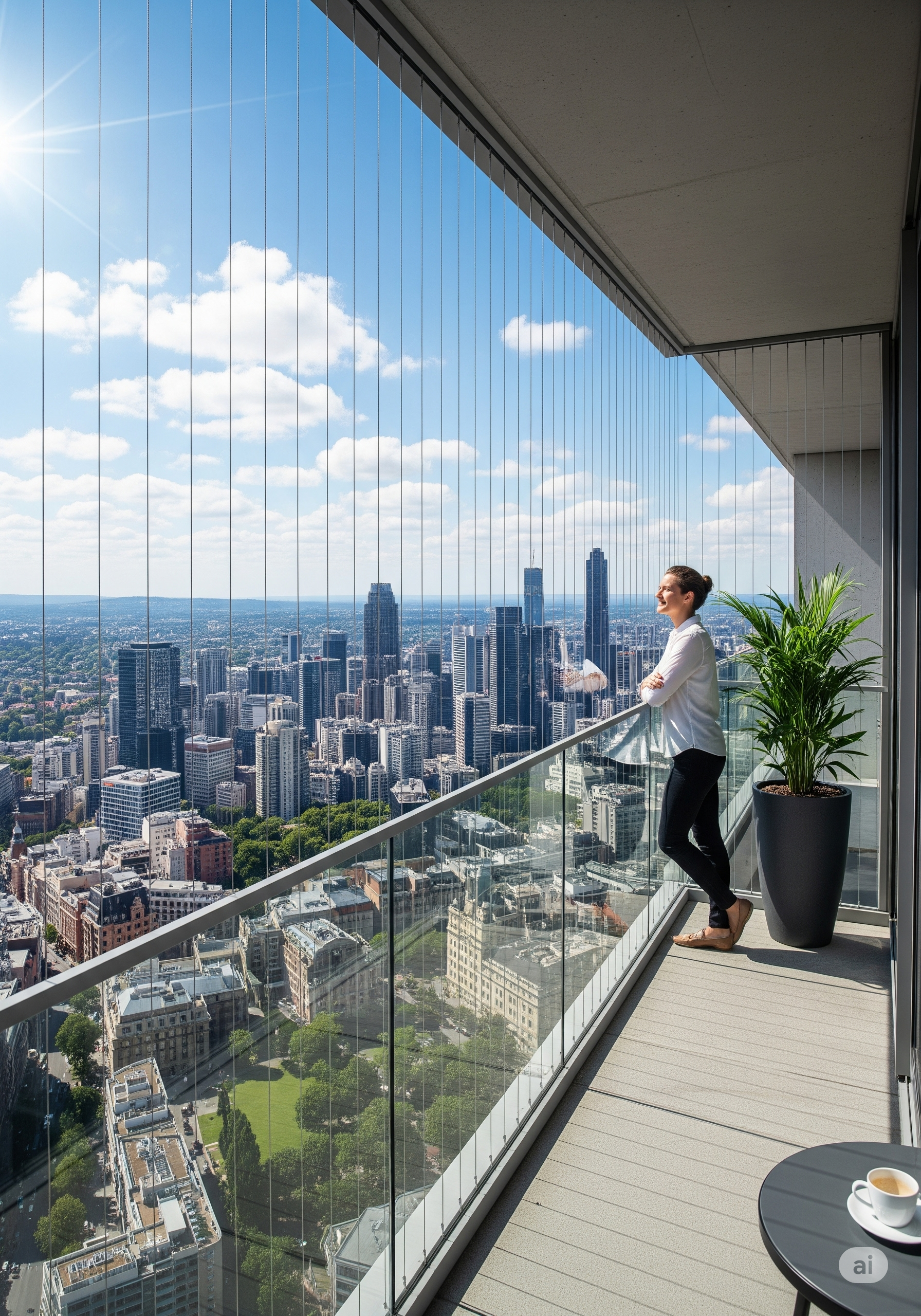 High-rise balcony with glass railing and vertical safety cables, person enjoying panoramic city skyline under a bright blue sky, potted plant and coffee on side table.