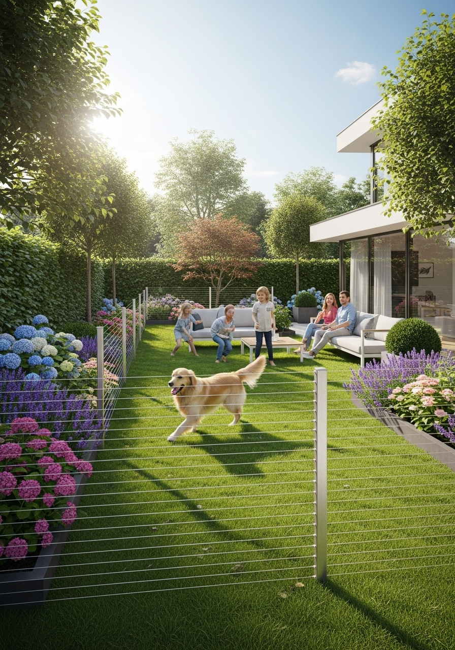 Sunny modern backyard garden with blooming flowers and hedges, a golden retriever running inside a low wire fence, and a family relaxing while children play on the lawn.