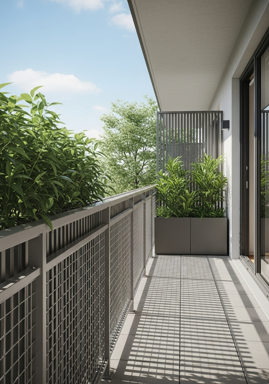 Narrow modern balcony with metal railing and grid shadows, lined with lush green plants in planters and a privacy screen, sunny day.