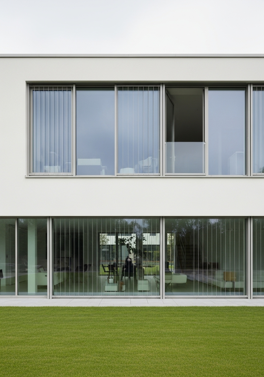 Minimalist two-story modern house facade with large floor‑to‑ceiling windows and vertical blinds, reflecting a green lawn and trees.