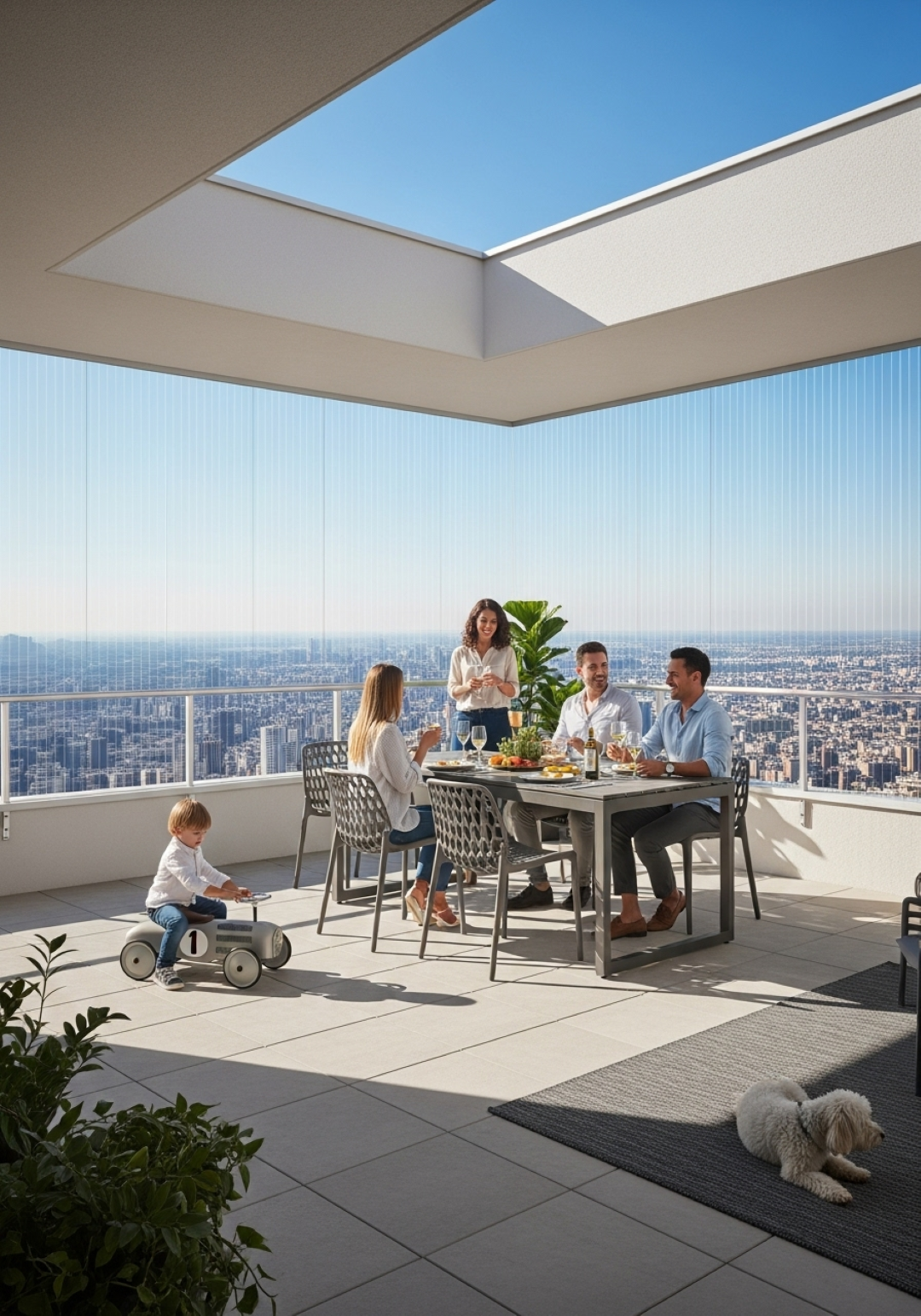 Rooftop terrace lunch with friends at a modern table, panoramic city skyline view, child riding a toy car, and a small dog resting on a rug under a blue sky.