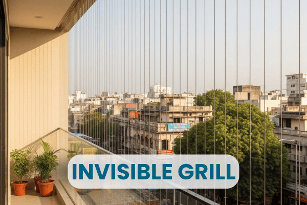 2 Modern apartment balcony with invisible grille safety barriers, potted plants, and panoramic city street view on a sunny day.