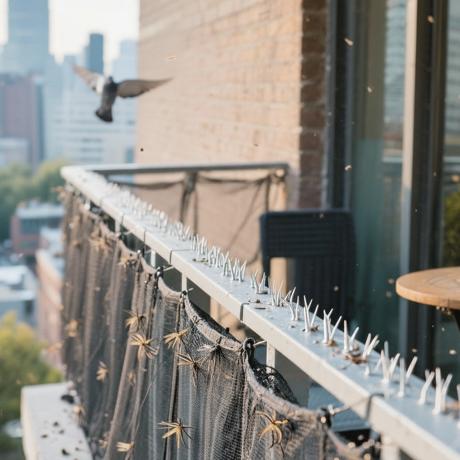 Balcony railing with bird spikes and bird netting installed to prevent pigeons from landing, with a pigeon flying away and city buildings in the background.