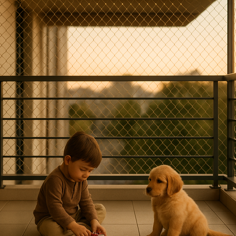 Young boy playing with a red toy car next to a golden retriever puppy on a balcony secured with safety netting at sunset.