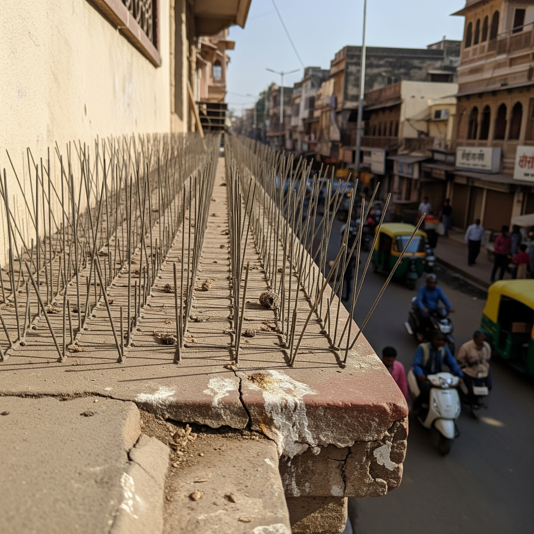 Close-up of a building ledge lined with metal bird spikes to prevent pigeons, overlooking a busy street with traffic and pedestrians in an urban area.