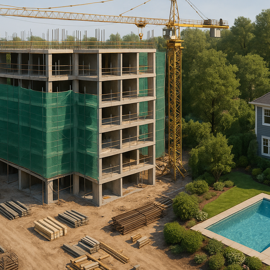 Modern construction site with partially built apartment building covered in green safety netting beside a completed suburban house with a swimming pool and landscaped garden.