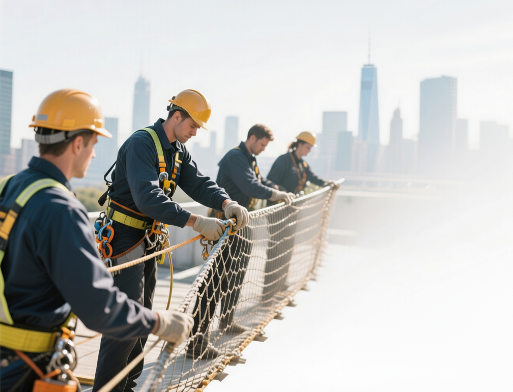 Construction workers wearing safety harnesses and helmets installing a protective safety net on a rooftop in a cityscape background.