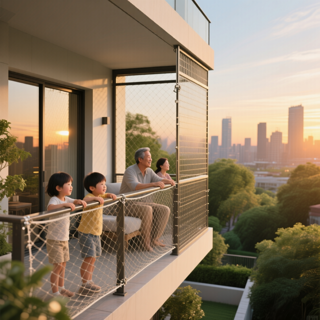 Family with children and grandparents enjoying the sunset view from a modern apartment balcony protected by safety netting, overlooking a green cityscape.