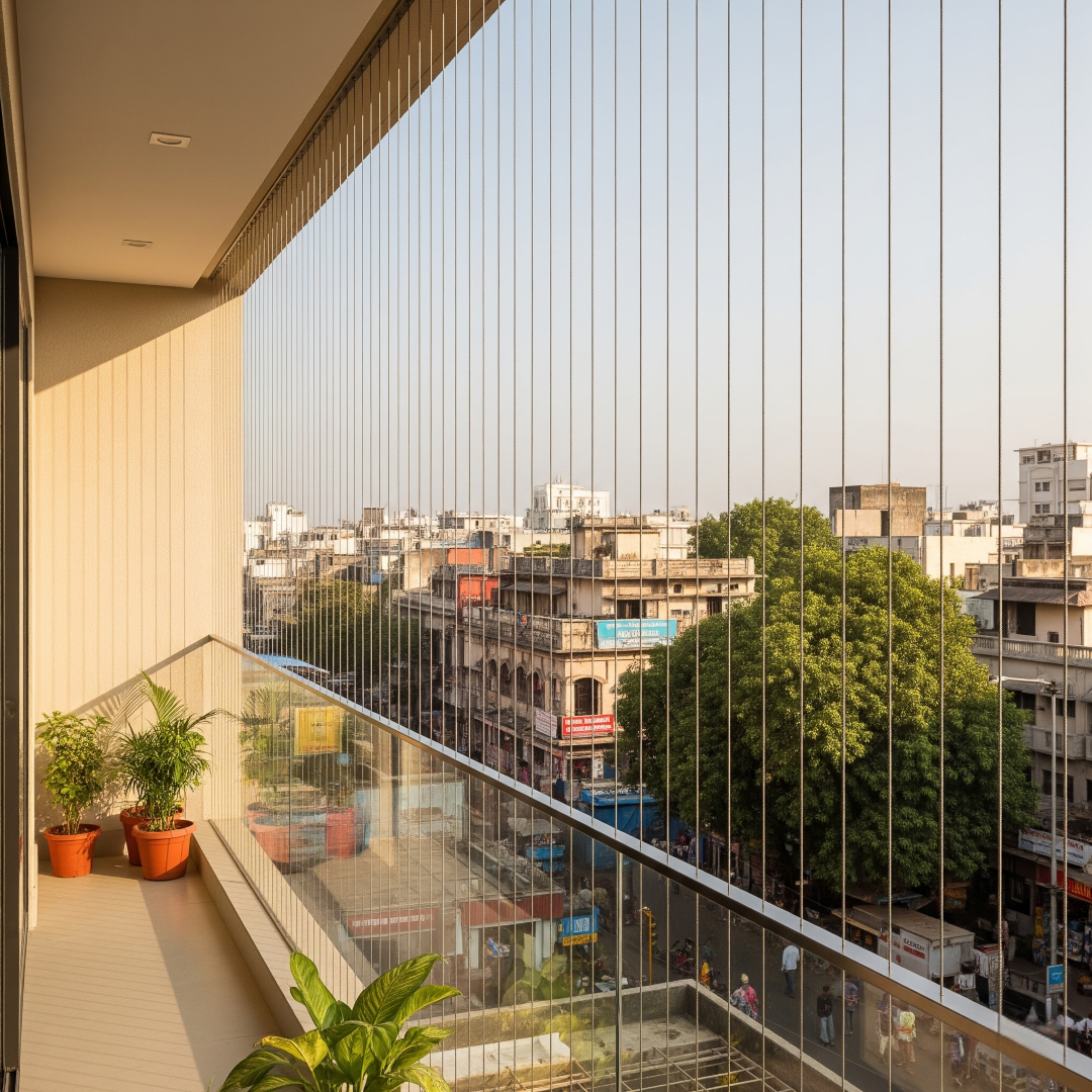 Modern apartment balcony with invisible grille safety barriers, potted plants, and panoramic city street view on a sunny day.