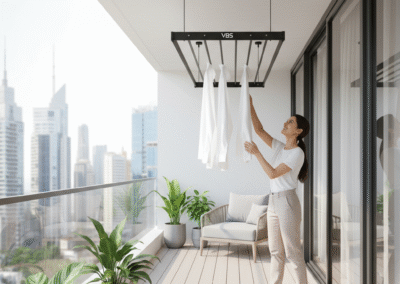 A neat and space-saving balcony cloth hanger installed with a safety net in the background.