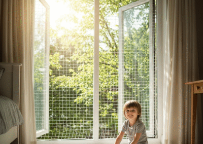 A strong and secure children safety net on a balcony, allowing kids to play safely.