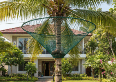 A VBS safety net securely installed around a coconut tree to prevent coconuts from falling.