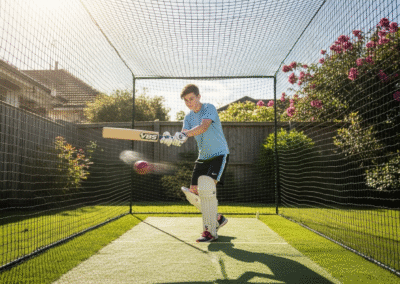 A vibrant image of a professionally installed cricket net in a residential backyard with a young person practicing.