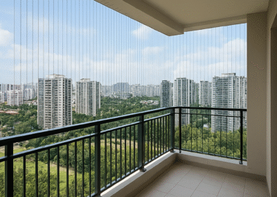 A sleek, modern invisible grill installed on a balcony, offering security with an unobstructed view.