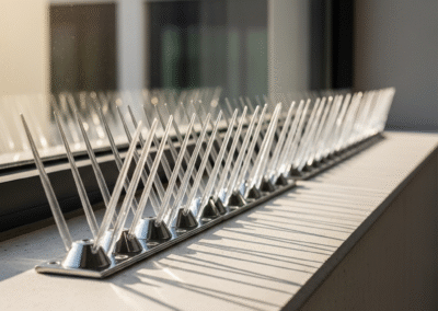A close-up of discreet pigeon and bird spikes installed on a window ledge to deter birds.