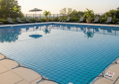 A tight, reliable swimming pool safety net stretched across a pool to prevent accidental falls.